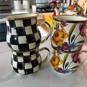 MacKenzie-Childs Black Checkered and Floral Mugs